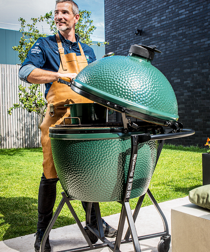 Man Outdoors Big Green Egg Grill Grilling